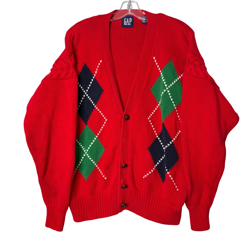Vintage Gap Button Front Cardigan Jumper Mens S Red Blue Green Argyle Cable Knit